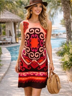 Aryeh Coral Geometric Shift Dress Women’s L NWT Sleeveless Retro Style